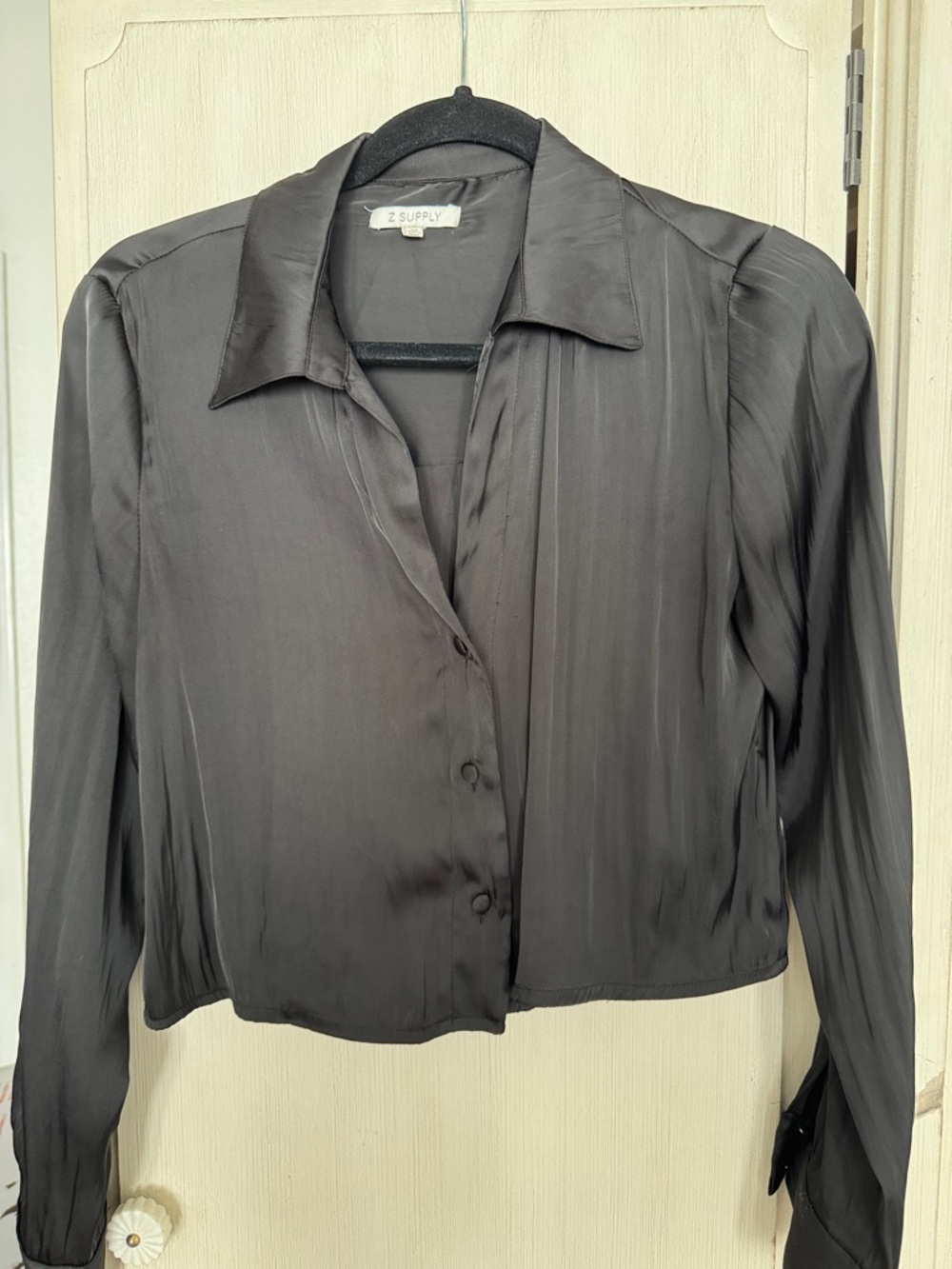 Z Supply Black Satin Button-Front Cropped Shirt